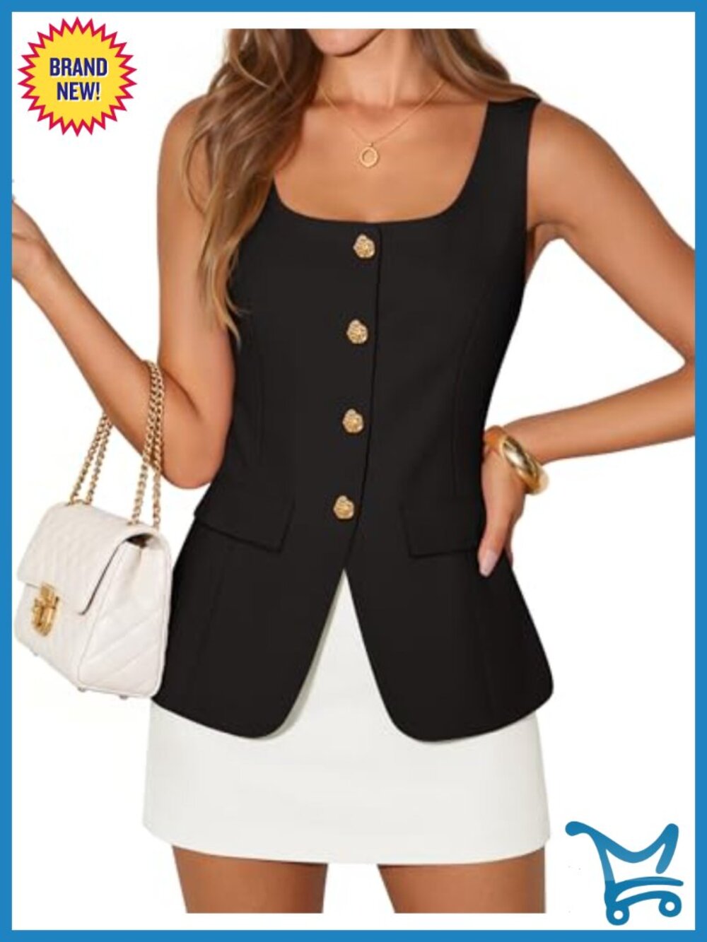 Sleeveless Blazer Vest Square Neck Button Front Loose Fit Business Casual